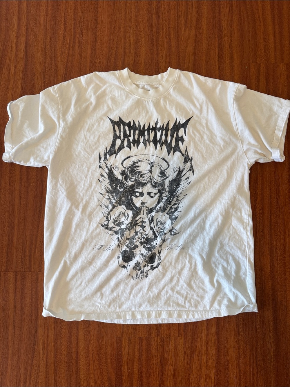 Primitive White Short-Sleeve Tee with Black Angel Skull Graphic
